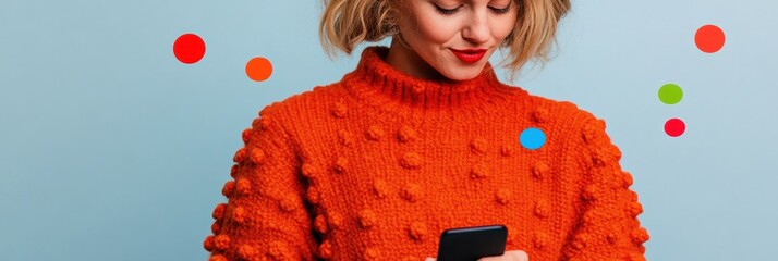 Aufkleber - Vibrant Digital Connection Gen Z Texting in Bold Textured Knitwear - Playful Millennial Communication Tech Against Minimalist Blue Background