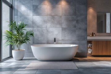 Poster - Modern bathroom interior with ceramic bathtub and grey tiles design