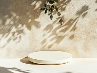 Poster - Minimalist Botanical Product Display Soft Natural Light Podium with Organic Shadow Play - Contemporary Wellness Branding Aesthetic for Sustainable Design