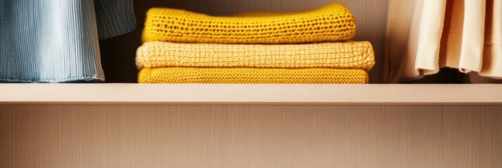 Poster - Minimalist Home Textile Styling Warm Mustard Knit Throws Elevating Contemporary Storage Solutions with Sustainable Comfort and Design-Driven Organization