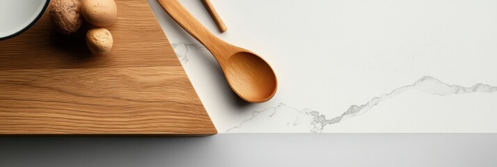 Poster - Minimalist Culinary Essentials Sustainable Wooden Utensil and Organic Ingredients on Sleek Marble Surface - Modern Kitchen Design Inspiration