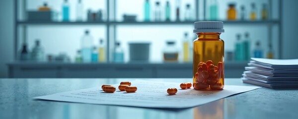 Aufkleber - Open pill bottle with capsules on medical documents, lab environment. Modern pharmaceutical concept with orange tabs. Clinical research, pharmaceutical treatment, prescription drugs. Safety label,