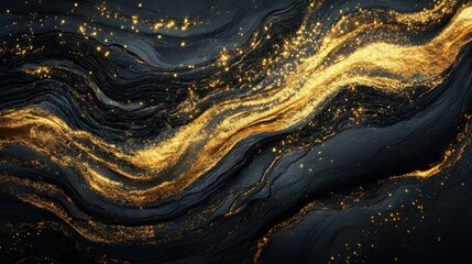 Poster - Golden fluid lines and dark textured background create an abstract image