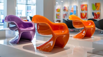 Leinwandbilder - Three uniquely designed chairs in purple and orange are arranged in a modern art gallery filled with colorful paintings and sculptures, creating a lively and inviting atmosphere.