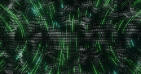 Poster - Animation of green digital lines and dots creating wave patterns on dark background