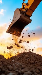Poster - Industrial Power Reimagined Dynamic Excavator Terraforming at Golden Hour - Next-Gen Construction Technology Visualizing Precision Earth Movement and Sustainable Infrastructure Development