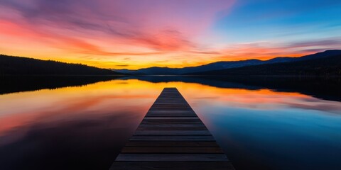 Aufkleber - Immersive Digital Transformation Journey Minimalist Wooden Pier Bridging Natural Landscape and Innovative Horizons - Inspirational Tech Wellness Visualization