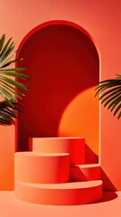 Poster - Minimalist Product Gradient Coral Geometric Podium Display with Tropical Palm Leaves - Modern Marketing Visual for Luxury Branding and Creative Staging