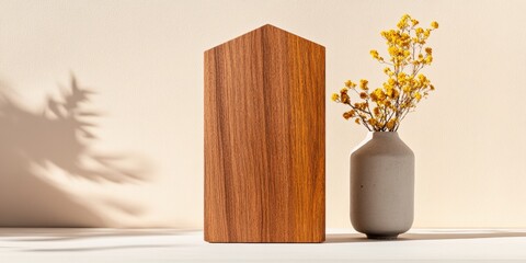 Aufkleber - Minimalist Zen Decor Warm Wood Grain Sculpture and Ceramic Vase with Golden Botanicals - Contemporary Interior Design Elegance for Mindful Living Spaces