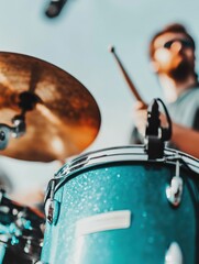Poster - Immersive Percussion Performance Dynamic Metallic Turquoise Drum Kit Capturing Live Music Energy with Next-Gen Audio Visualization Techniques