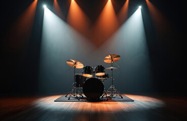 Leinwandbilder - Drum set on stage in bright spotlights. Live music drums, bass, rock, equipment, instrument for rhythm, concert, show, entertainment. Percussion cymbal musical dark kit metal room acoustic. Musician