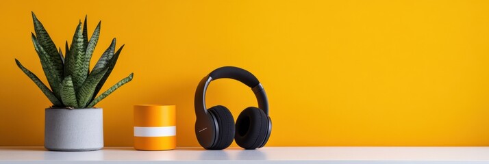 Poster - Minimalist Workspace Harmony Noise-Cancelling Headphones with Succulent on Vibrant Yellow - Modern Productivity and Digital Wellness Essentials
