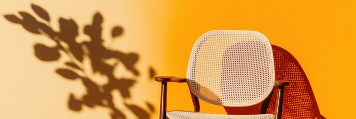 Poster - Minimalist Ergonomic Seating Retro-Modern Mesh Chair with Vibrant Shadow Play - Contemporary Workspace Design Celebrating Aesthetic Functionality and Creative Comfort