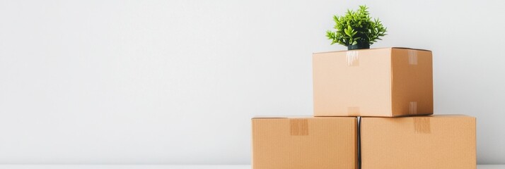 Poster - Green Logistics Minimalism Eco-Conscious Kraft Packaging Stacks with Biophilic Plant Accent - Sustainable E-Commerce Shipping Solutions for Modern Brands
