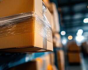 Fototapete - Next-Gen Logistics Optimization AI-Enhanced Warehouse Packaging with Smart Stretch Wrap Technology - Sustainable Supply Chain Innovation for Digital Commerce Era