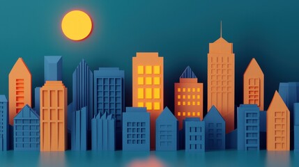 Poster - Colorful 3D Cityscape with Abstract Buildings under Bright Sunlight for Creative Designs