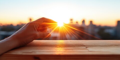Poster - Golden Hour Mindfulness Minimalist Wooden Surface with Radiant Sunburst - Wellness, Productivity, and Intentional Living for Modern Professionals