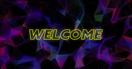 Poster - Glowing welcome text over vibrant geometric shapes with animation on dark background