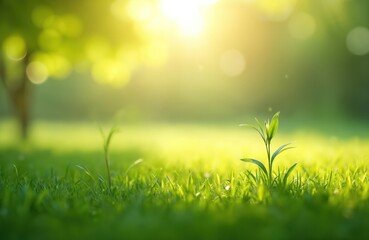 Poster - Green garden grass lawn in spring with sunlight on background tree leaves. Natural fresh meadow during sunny springtime. Summer sun environment texture park growth lawn landscape