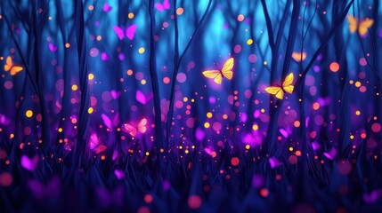 Poster - Enchanted Forest with Colorful Butterflies and Dreamy Bokeh Lights in a Mystical Atmosphere