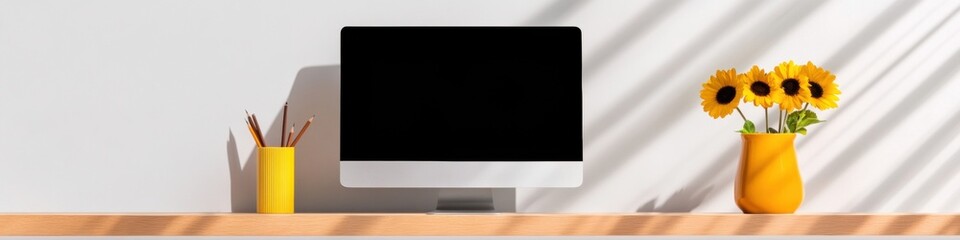 Poster - Minimalist Workspace Optimization Sunshine Yellow Accents Meet Sleek Tech - Ergonomic Home Office Design Inspiring Productivity and Creative Flow