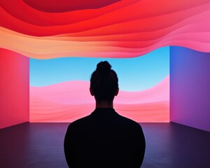 Poster - Immersive Mindfulness Experience Silhouetted Contemplation in Gradient Digital Wellness Landscape - Transformative Mental Health and Creative Visualization Technology
