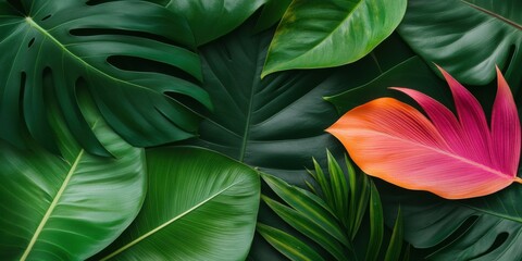 Poster - Vibrant Botanical Minimalism Lush Tropical Monstera Leaves in Emerald and Sunset Hues - Creative Design Inspiration for Eco-Friendly Branding and Digital Content