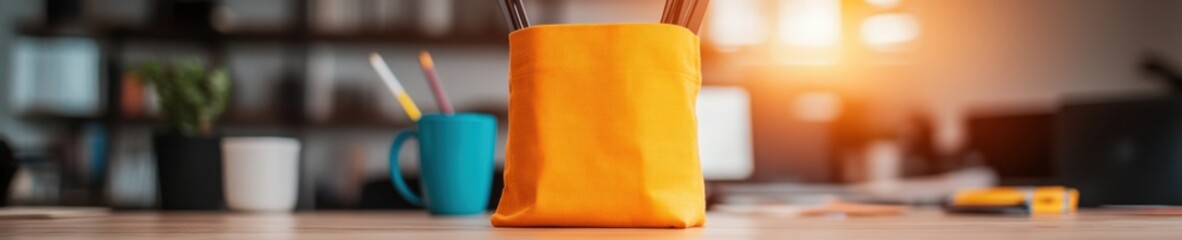 Poster - Vibrant Hybrid Workplace Essentials Minimalist Desk Styling with Warm Ochre Storage, Ergonomic Color Psychology and Creative Professional Productivity