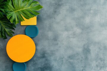 Poster - Minimalist Color Pop Design Tropical Monstera Leaf with Geometric Yellow and Teal Circles on Textured Grey Background - Modern Abstract Composition