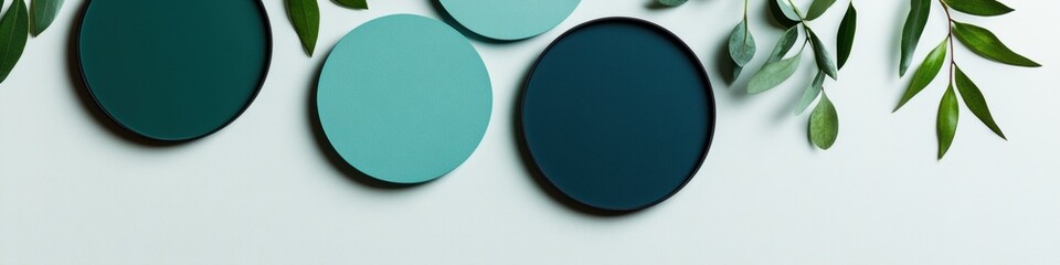 Aufkleber - Minimalist Color Palette Design Tranquil Teal and Navy Circular Elements with Organic Green Leaves - Contemporary Branding and Creative Visual Composition