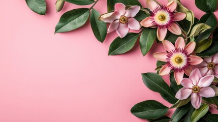 Poster - Delicate pink flowers and green leaves on a pink backdrop
