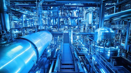 Poster - A vast industrial facility featuring a futuristic staircase with glowing materials, bathed in blue neon light, exuding a sci-fi atmosphere.