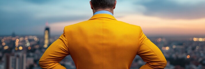 Aufkleber - Bold Urban Leadership Vibrant Yellow Corporate Visionary Overlooking Twilight Cityscape - Empowering Millennial Entrepreneurial Transformation in Digital Age Environments