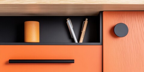 Poster - Minimalist Workspace Optimization Ergonomic Storage Solutions for Modern Professionals with Sleek Modular Design and Terracotta-Inspired Color Palette