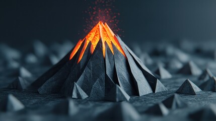 Poster - Abstract representation of a volcano with glowing lava and textured rock formations in a dark environment