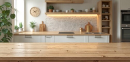 Aufkleber - Wooden table against blurred kitchen background. Rustic interior with empty space for food objects. Natural wood countertop, modern decor, cozy dining room, minimalist design. Clean wooden surface.