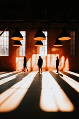 Fototapete - Dynamic Urban Workspace Revolution Silhouetted Professionals Navigating Transformative Industrial Design with Bold Architectural Lighting and Adaptive Movement