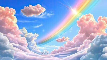 Wall Mural - a peaceful sky with a pastel rainbow background and wispy clouds glowing in sunlight.