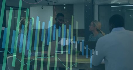Poster - Business team collaborating at table with financial data animation overlay