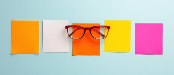Fototapete - Minimalist Design Thinking Dynamic Creative Workflow with Bold Color-Coded Sticky Notes and Trendsetting Eyewear - Innovation Productivity Catalyst