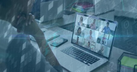 Poster - people participating in virtual meeting over digital network connections animation