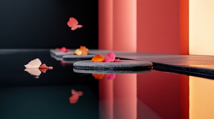 Aufkleber - Minimalist Zen Wellness Tranquil Stone Meditation Composition with Floating Petals - Aesthetic Mindfulness and Contemporary Holistic Design Inspiration