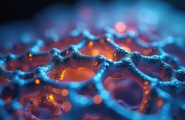 Poster - Abstract 3D structure in blue, orange, representing nanotech new materials. Microscopic cellular level construction with organic texture. Futuristic technology solution for medicine, engineering.