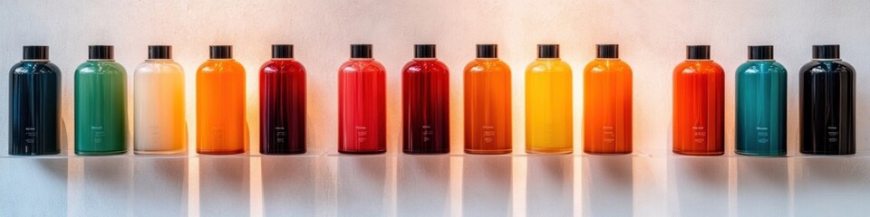 Poster - Minimalist Color Spectrum Contemporary Design Bottles Showcasing Gradient Chromatic Arrangement - Visual Branding and Creative Product Trend