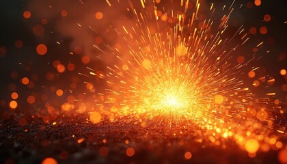 Aufkleber - Close-up of bonfire sparks explosion on dark background. Yellow, orange sparks rising, resembling galaxy nebula, cosmic dust. Celebration, party, fireworks, Diwali, holidays, Christmas, New Year.