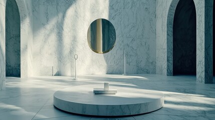 Poster - Abstract white geometry background with clean lines and layered podiums, creating a futuristic and elegant display scene.