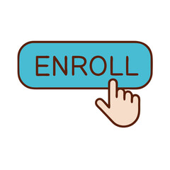 Poster - Enroll button icon with hand pressing, online registration concept