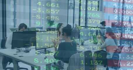 Poster - Financial data processing animation over diverse business people in office