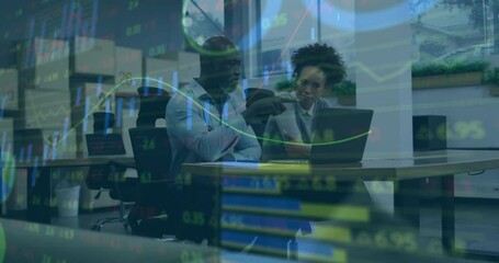 Poster - Discussing data analysis, business professionals with stock market graphs in animation