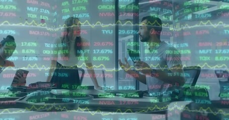 Poster - Stock market data animation over business people discussing in modern office